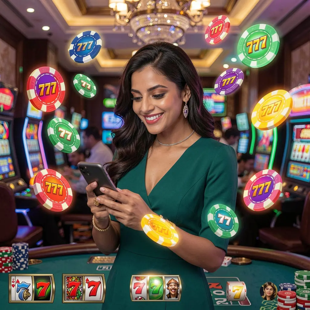 Stylish Bangladeshi woman enjoying the 9J999 casino app as colorful poker chips and 777 slot symbols float around her