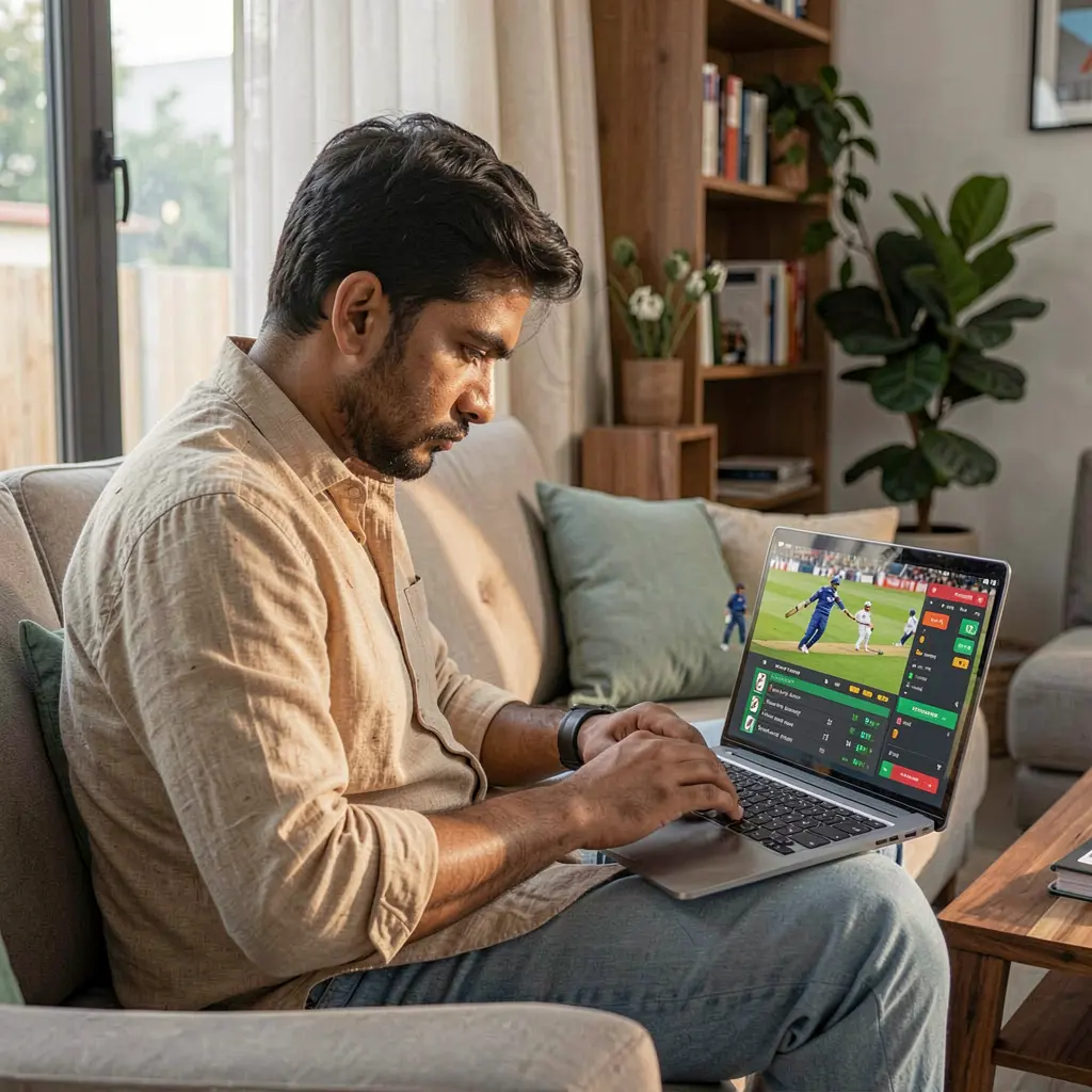 Bangladeshi player placing live cricket bets on a laptop with the 9J999 betting interface while watching a match in a modern living room