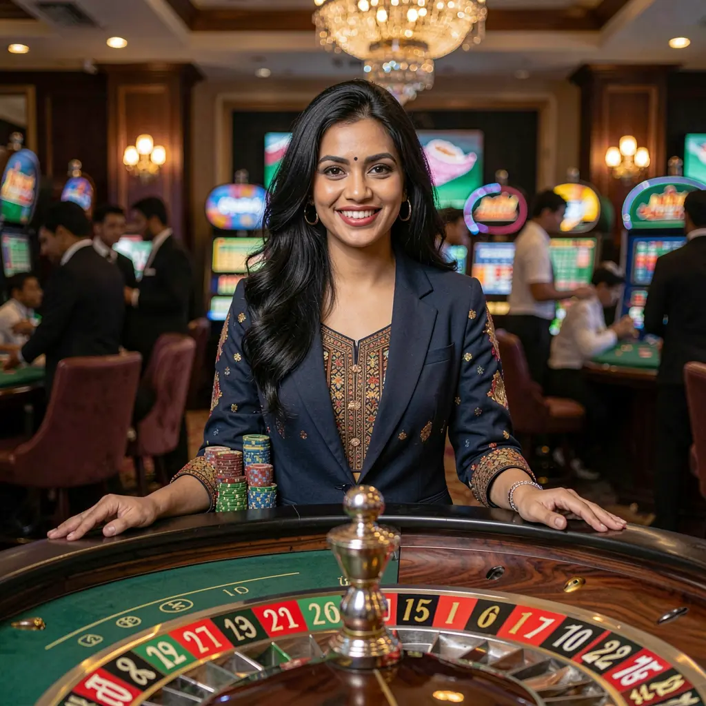 Confident Bangladeshi casino dealer at a modern roulette table with vibrant lights showcasing the premium live casino atmosphere of 9J999